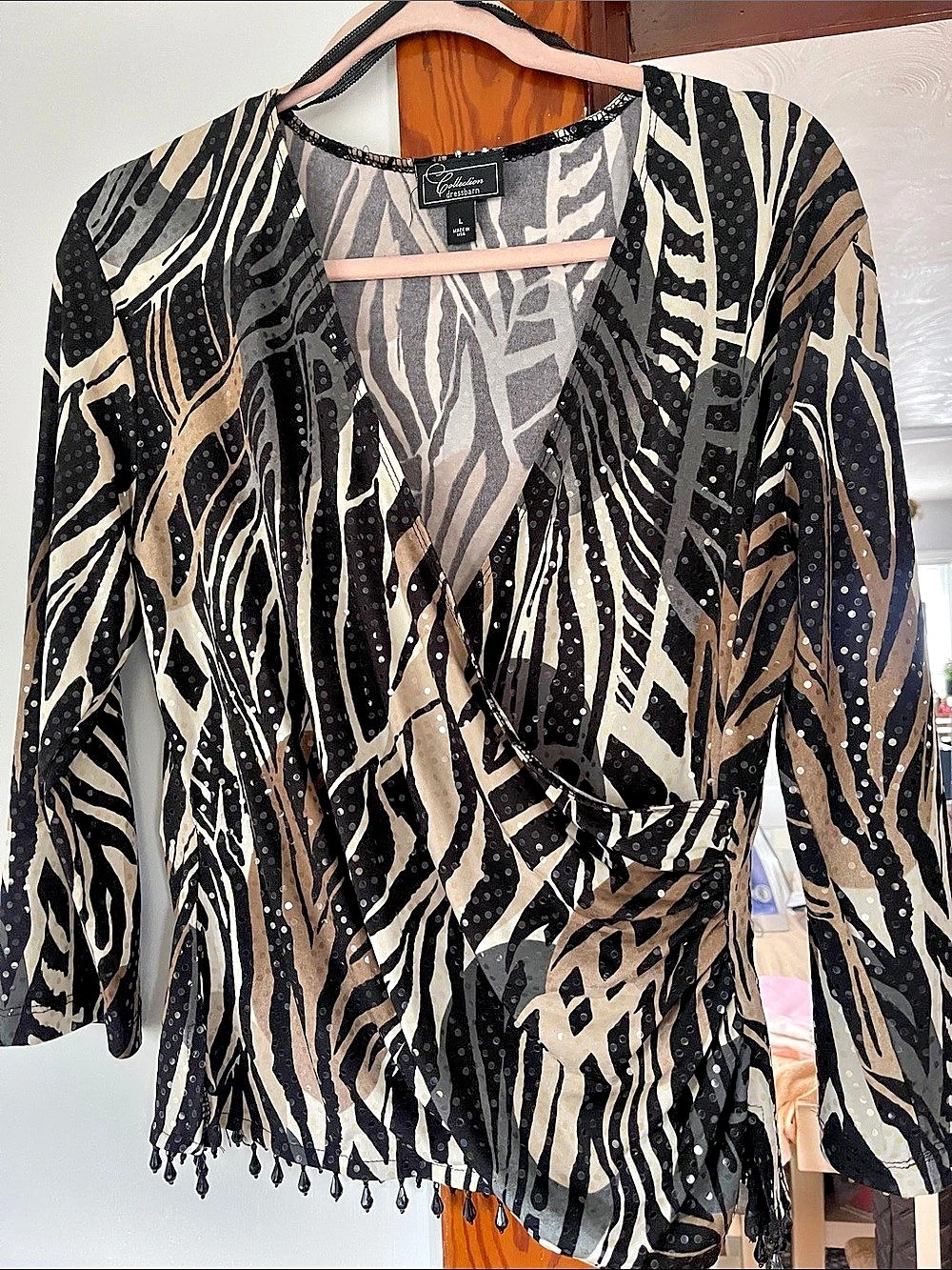 Chico'Small Animal Print Wrap Blouse in Black & Brown Size Small